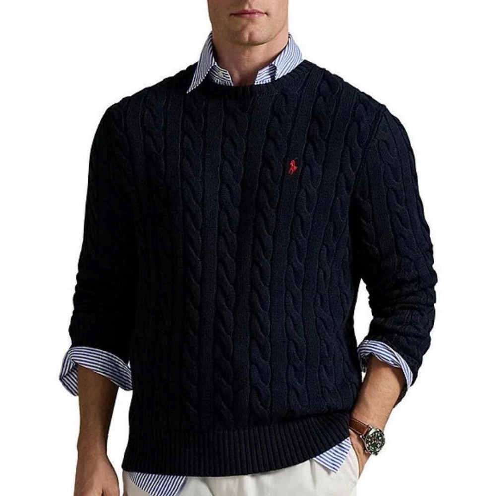 Polo Ralph Lauren Mens 2XLT Navy Blue Cable Knit Cotton Crewneck Sweater NWT